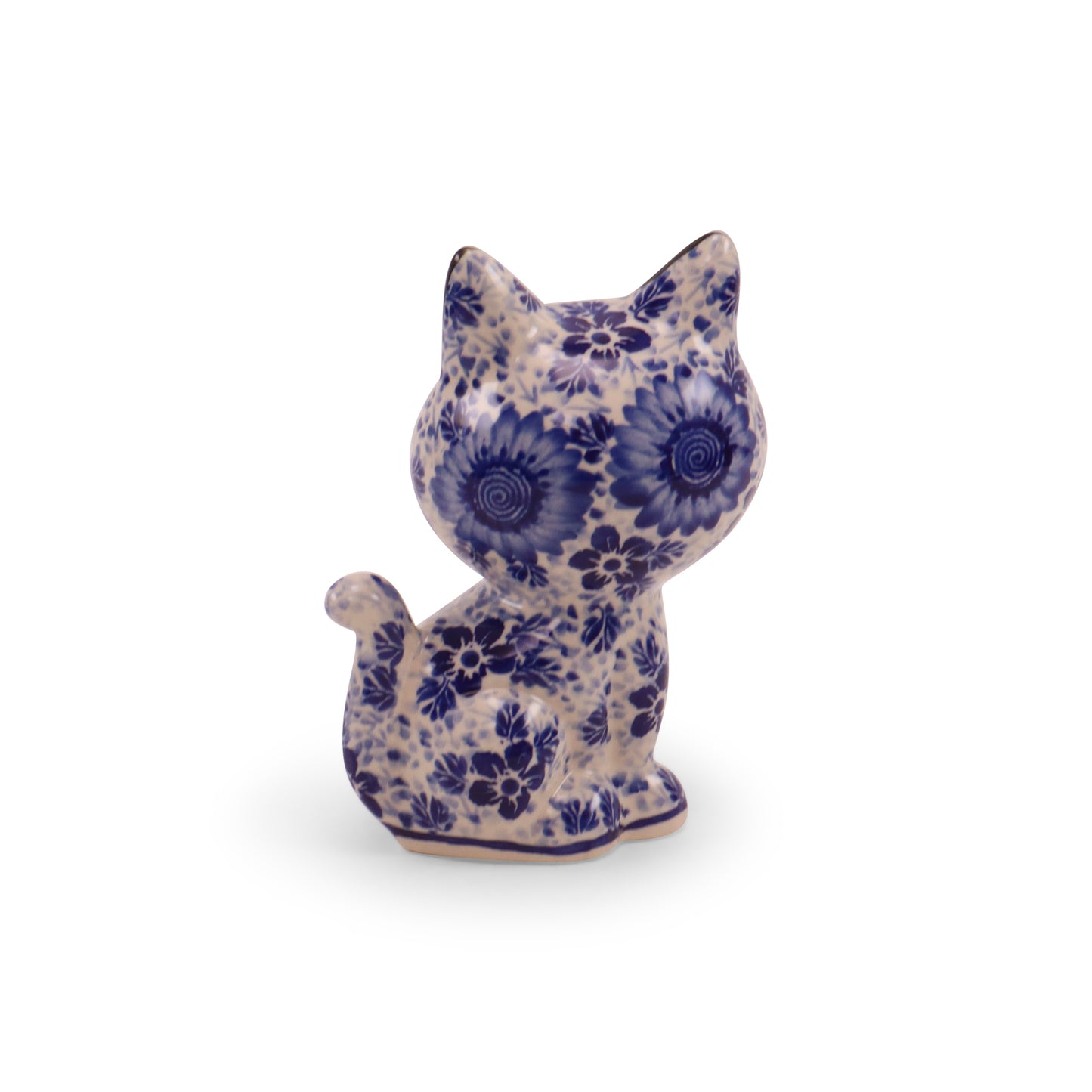 6"x5" Cat Figurine. Pattern: Cobalt Sunflower