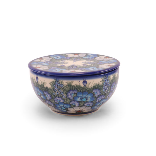 7.5" Serving Bowl with Lid. Pattern: Cool Blues