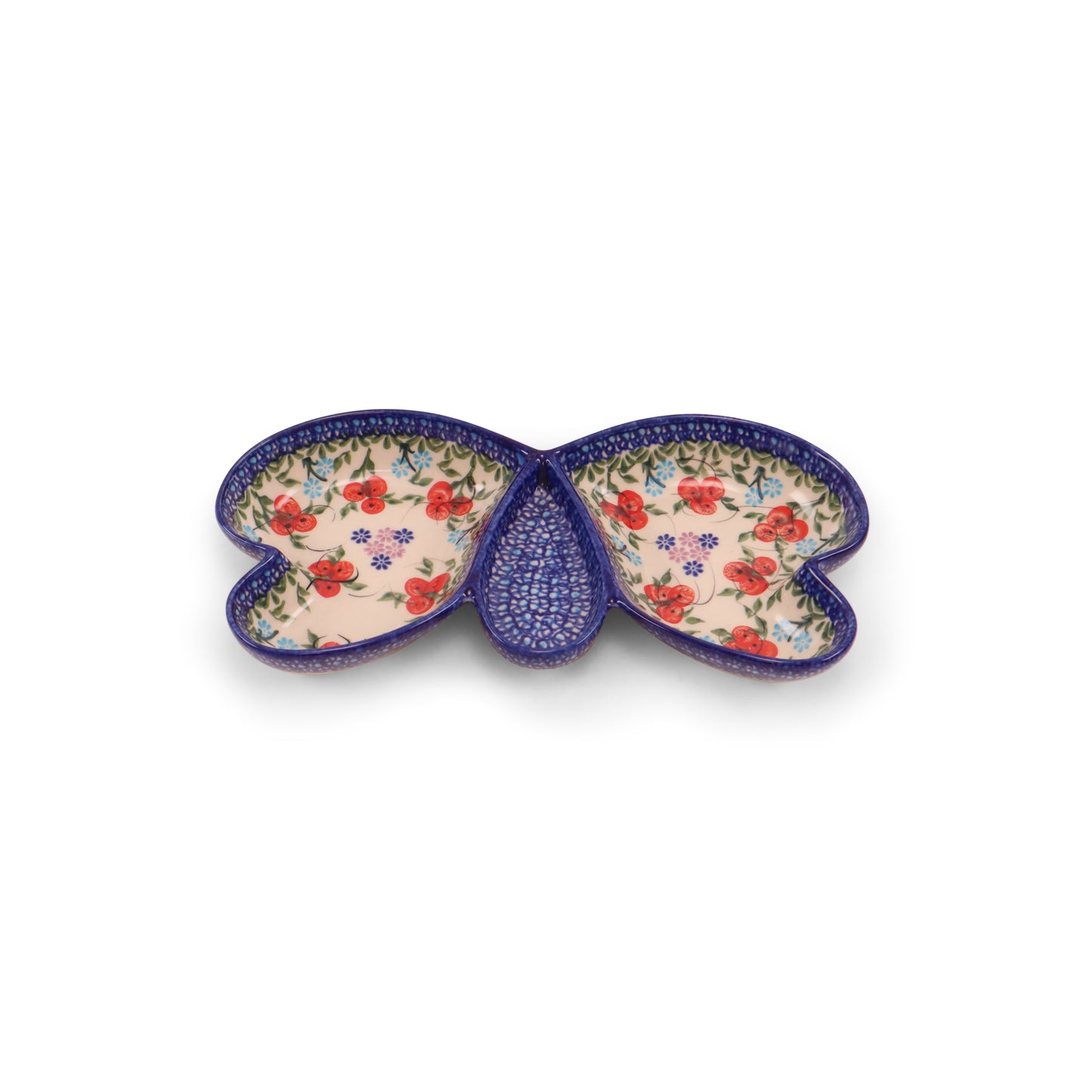 10"x4.5" Divided Butterfly Dish. Pattern: Red Berries