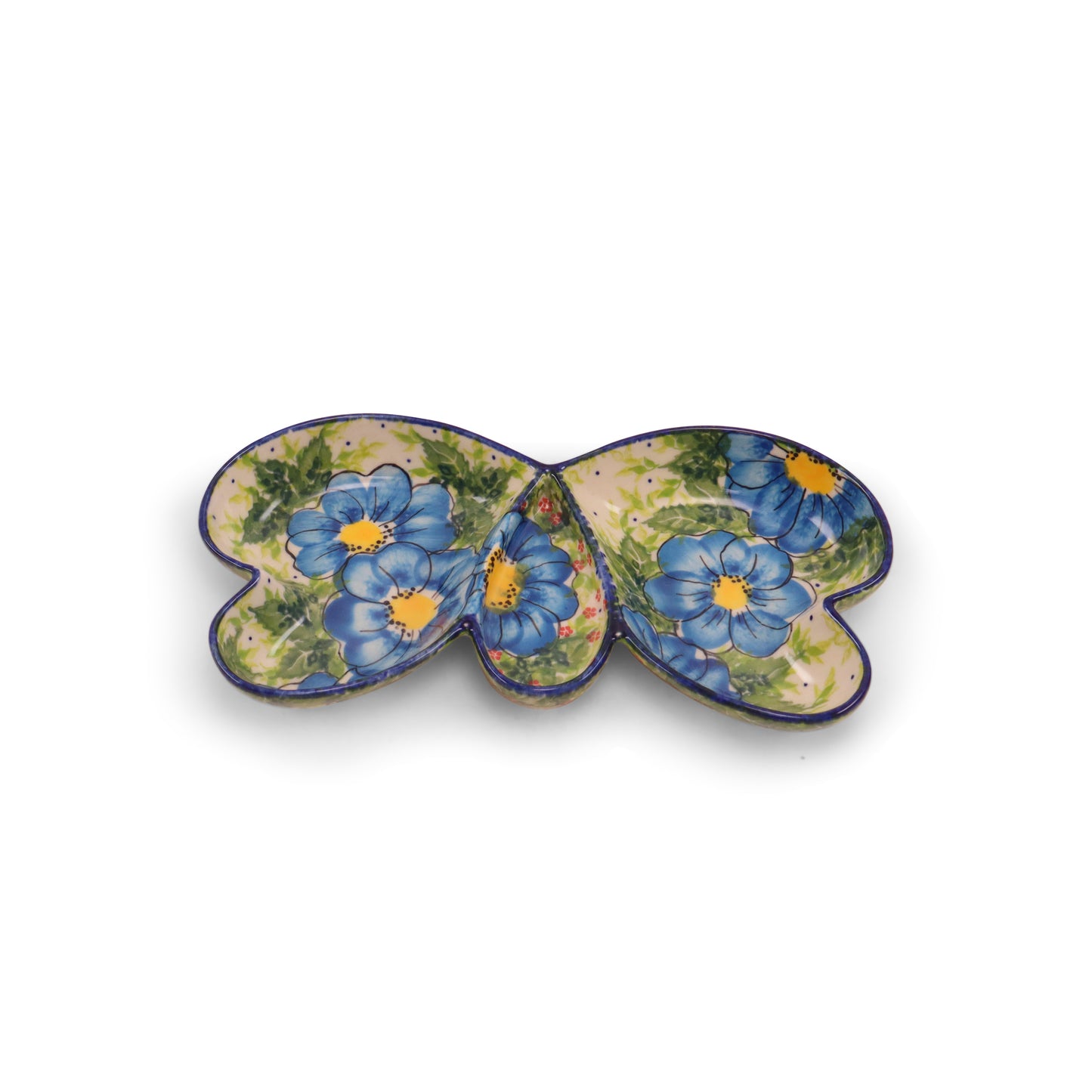 10"x4.5" Divided Butterfly Dish. Pattern: Green Valley Blue