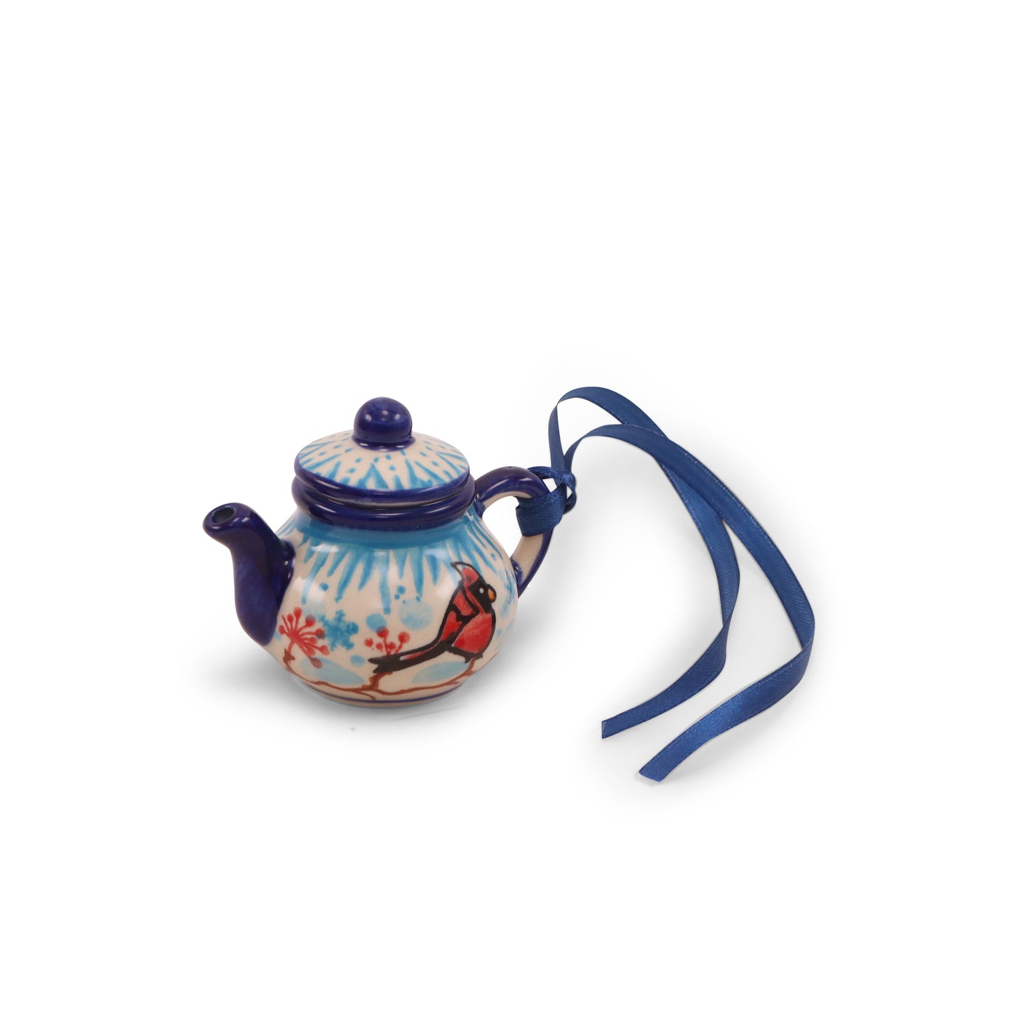 3.5"x3" Teapot Ornament. Pattern: Cardinal Chill