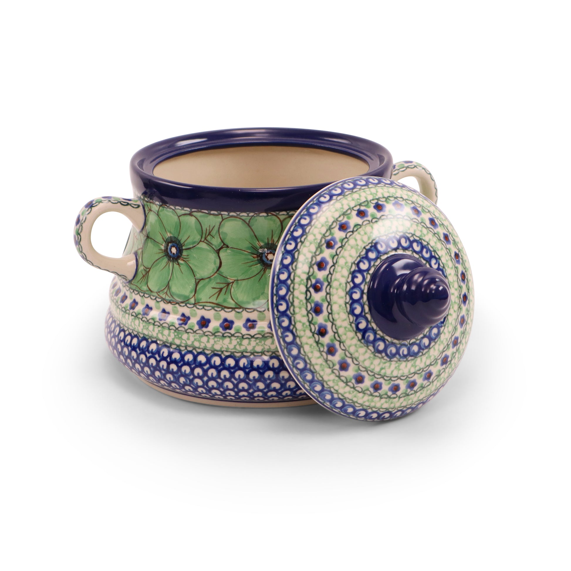 9.5"x7" Cabbage Pot with Handles.Pattern: Jade Poppy