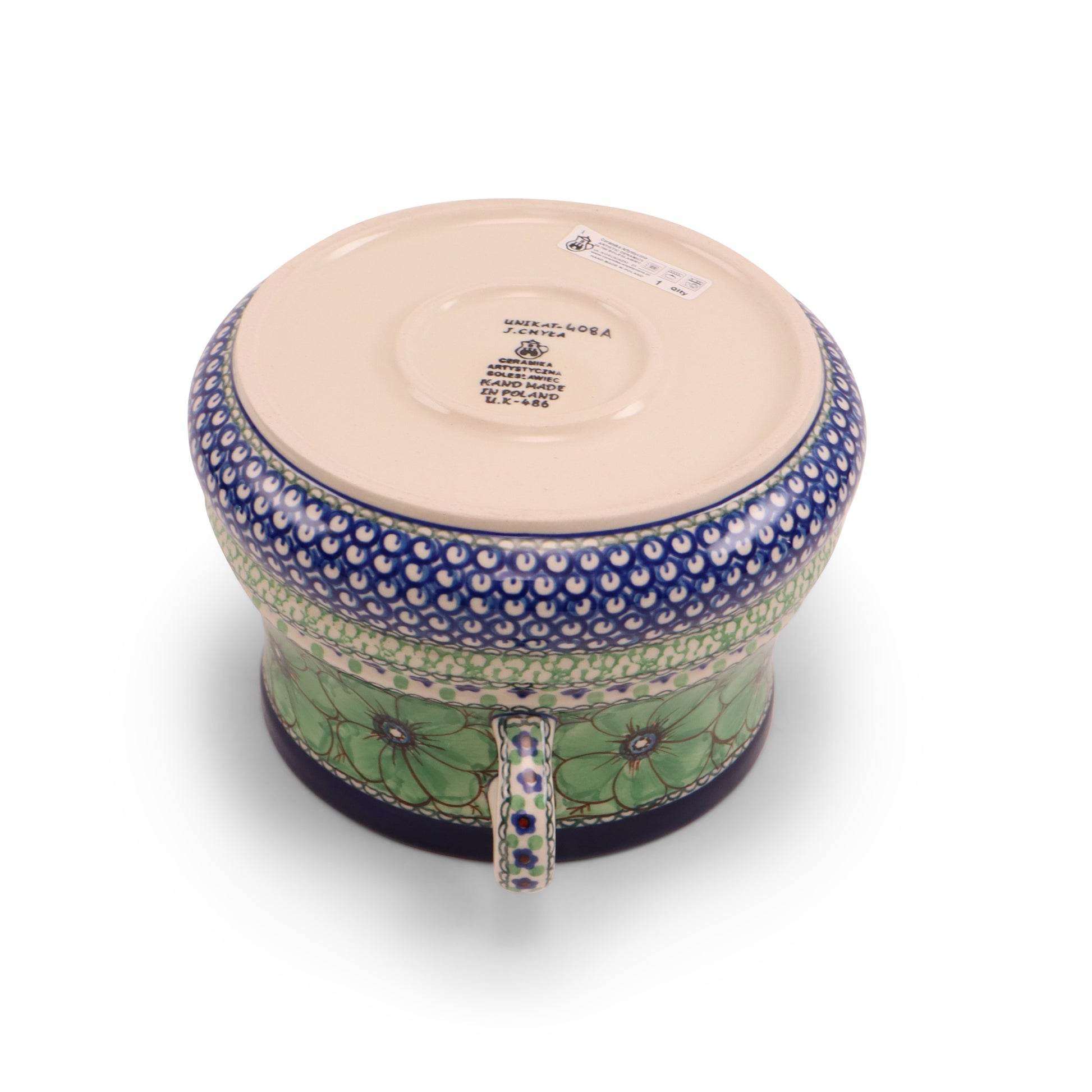 9.5"x7" Cabbage Pot with Handles.Pattern: Jade Poppy