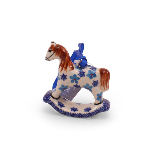 3"x3.5" Rocking Horse Ornament. Pattern: Blue Buds