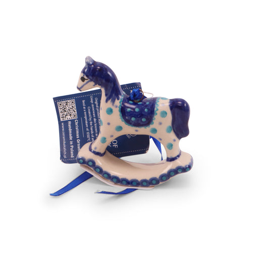 3"x3.5" Rocking Horse Ornament. Pattern: Blue Saddle