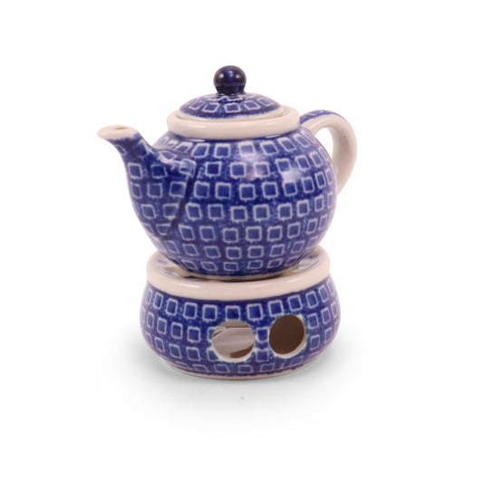 4" Mini Teapot and Warmer. Pattern: Blue Tiles