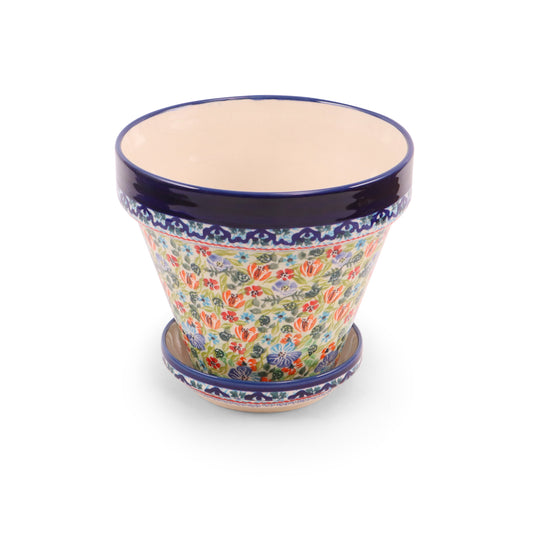 7.5"x6.5" Flower Pot with Tray. Pattern: Enchanted Garden
