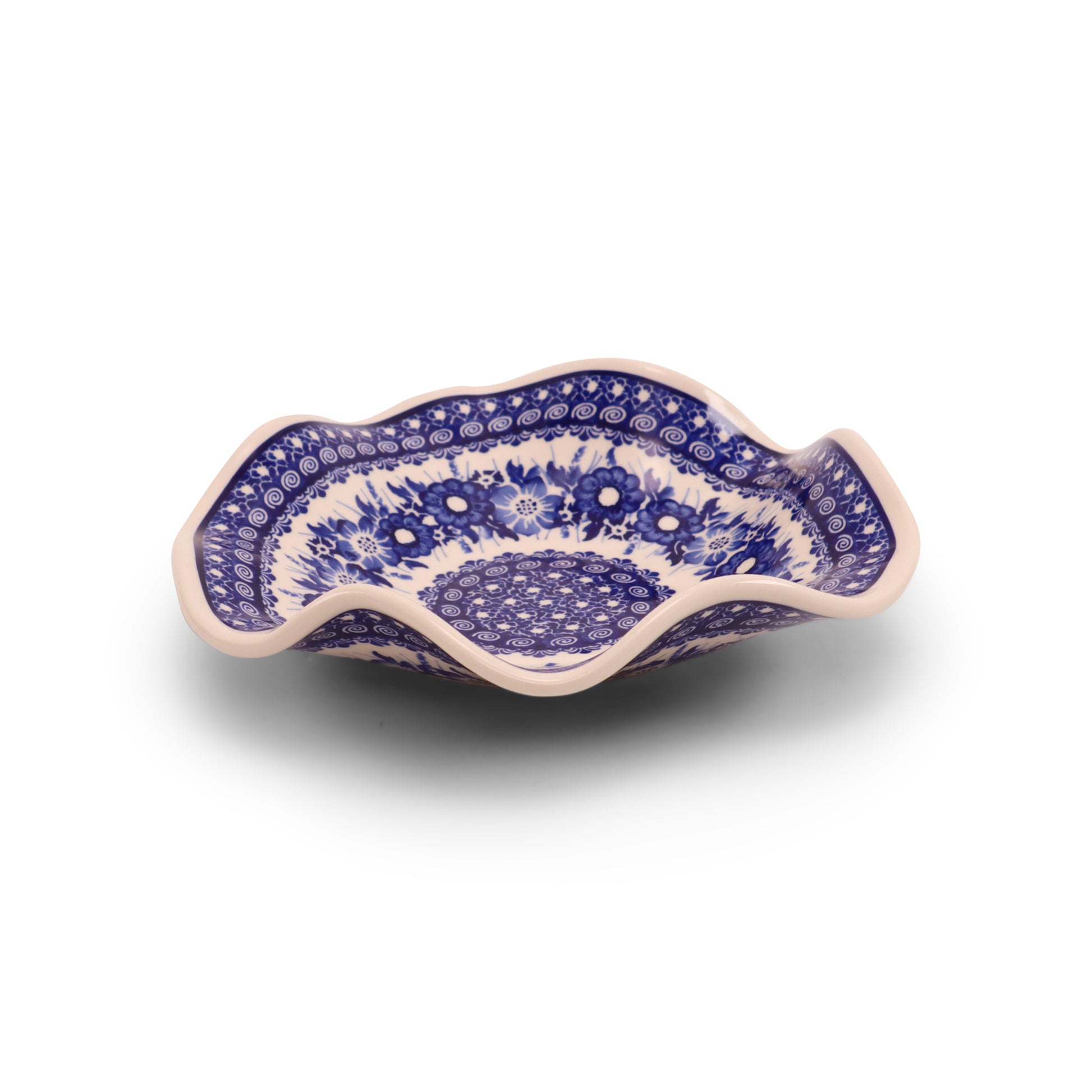 9" Wavy Shallow Bowl.Pattern: Cobalt Meadow