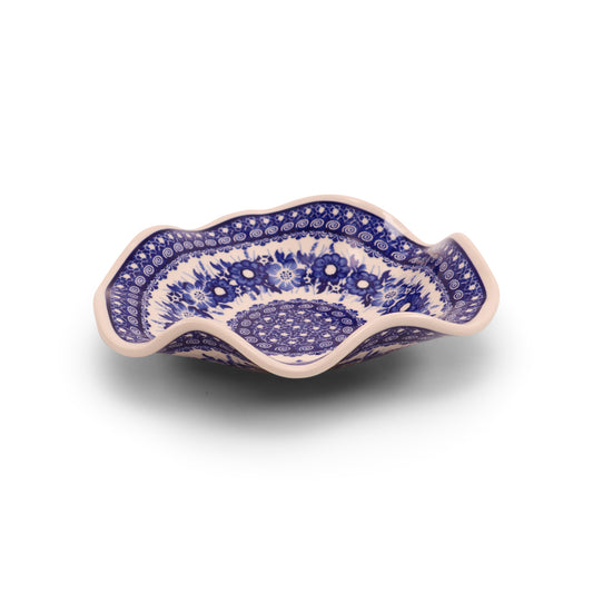 9" Wavy Shallow Bowl.Pattern: Cobalt Meadow
