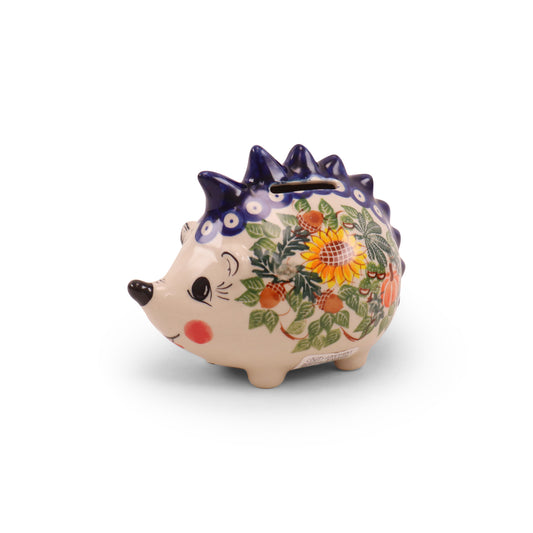 6"x4" Hedgehog Piggy Bank. Pattern: Fall Sunflower Blue