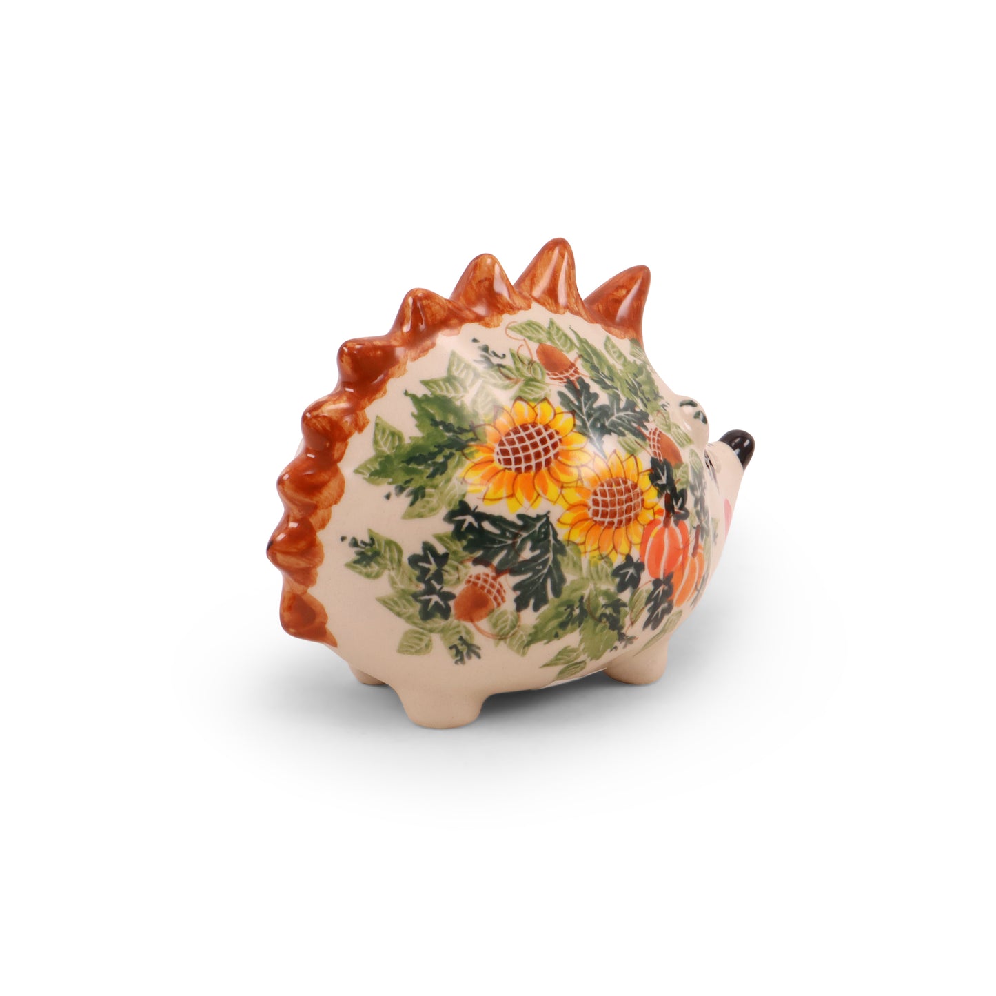 6"x4" Hedgehog Piggy Bank. Pattern: Fall Sunflower Brown