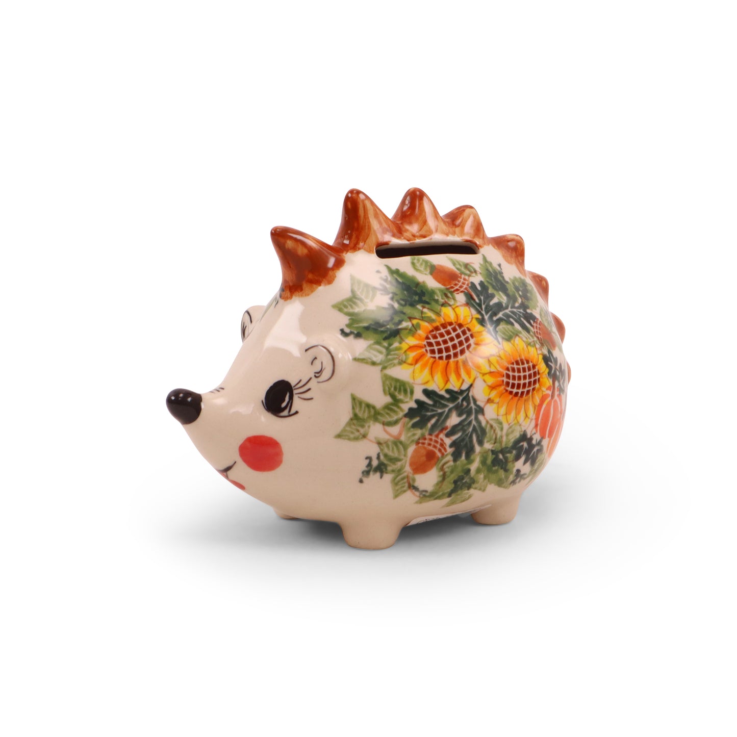 6"x4" Hedgehog Piggy Bank. Pattern: Fall Sunflower Brown