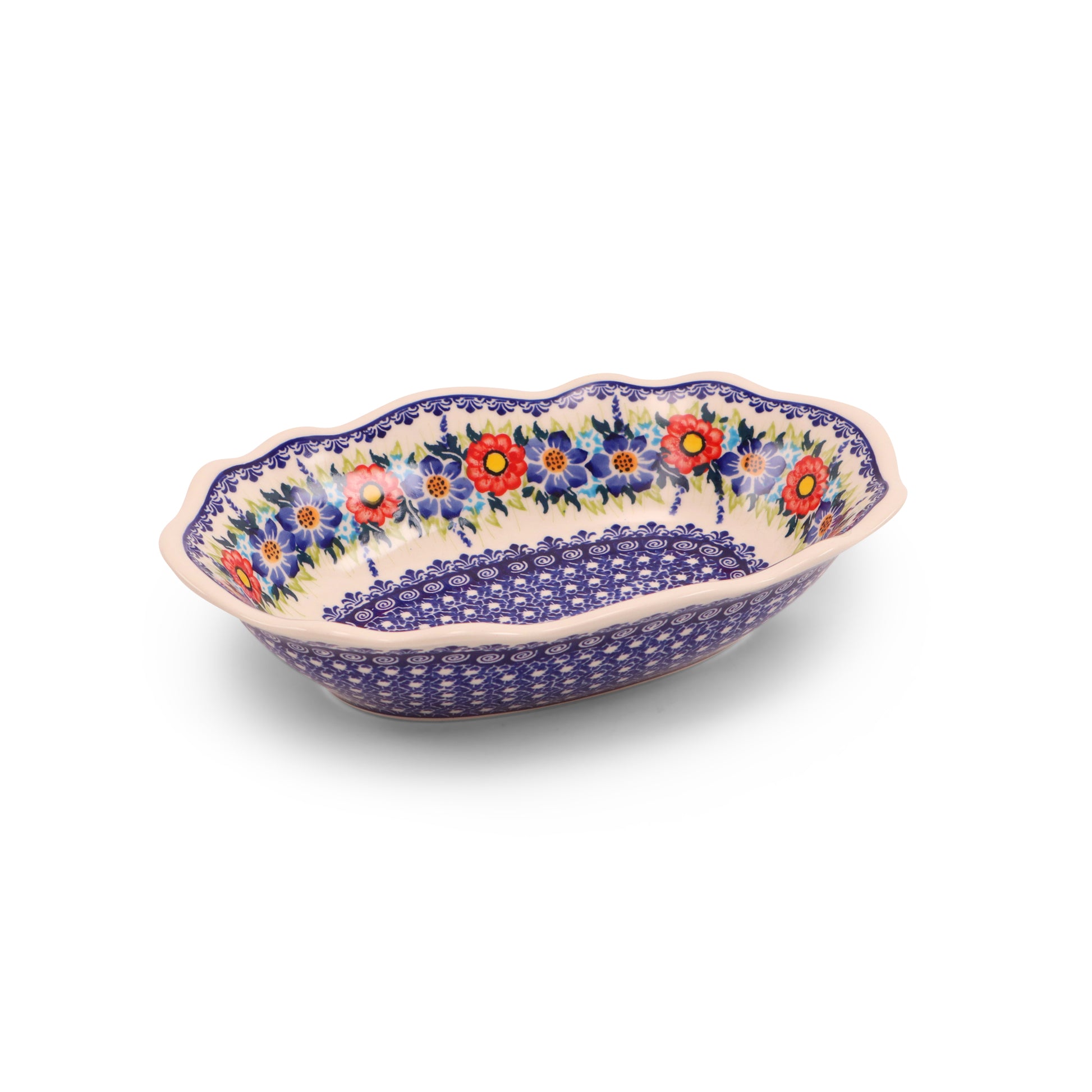 10"x6.5"x2.5" Oval Wavy Dish.Pattern: Summer Wreath