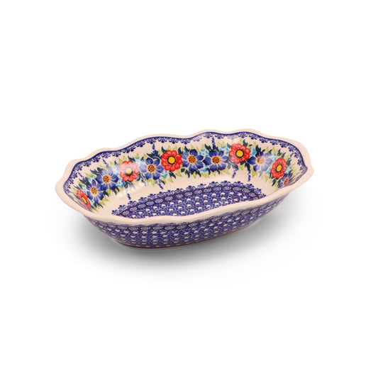 10"x6.5"x2.5" Oval Wavy Dish.Pattern: Summer Wreath