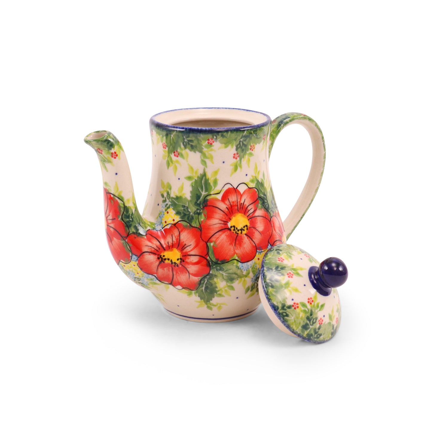 24oz Tall Teapot. Pattern: Green Valley Red