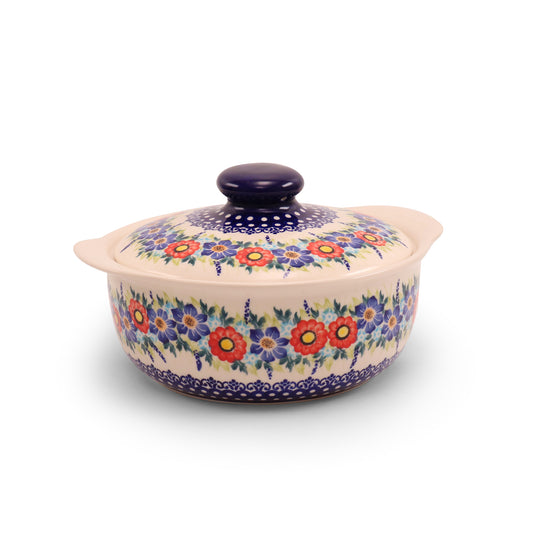 9"x3.5" Covered Baker with Handles.Pattern: Summer Crown