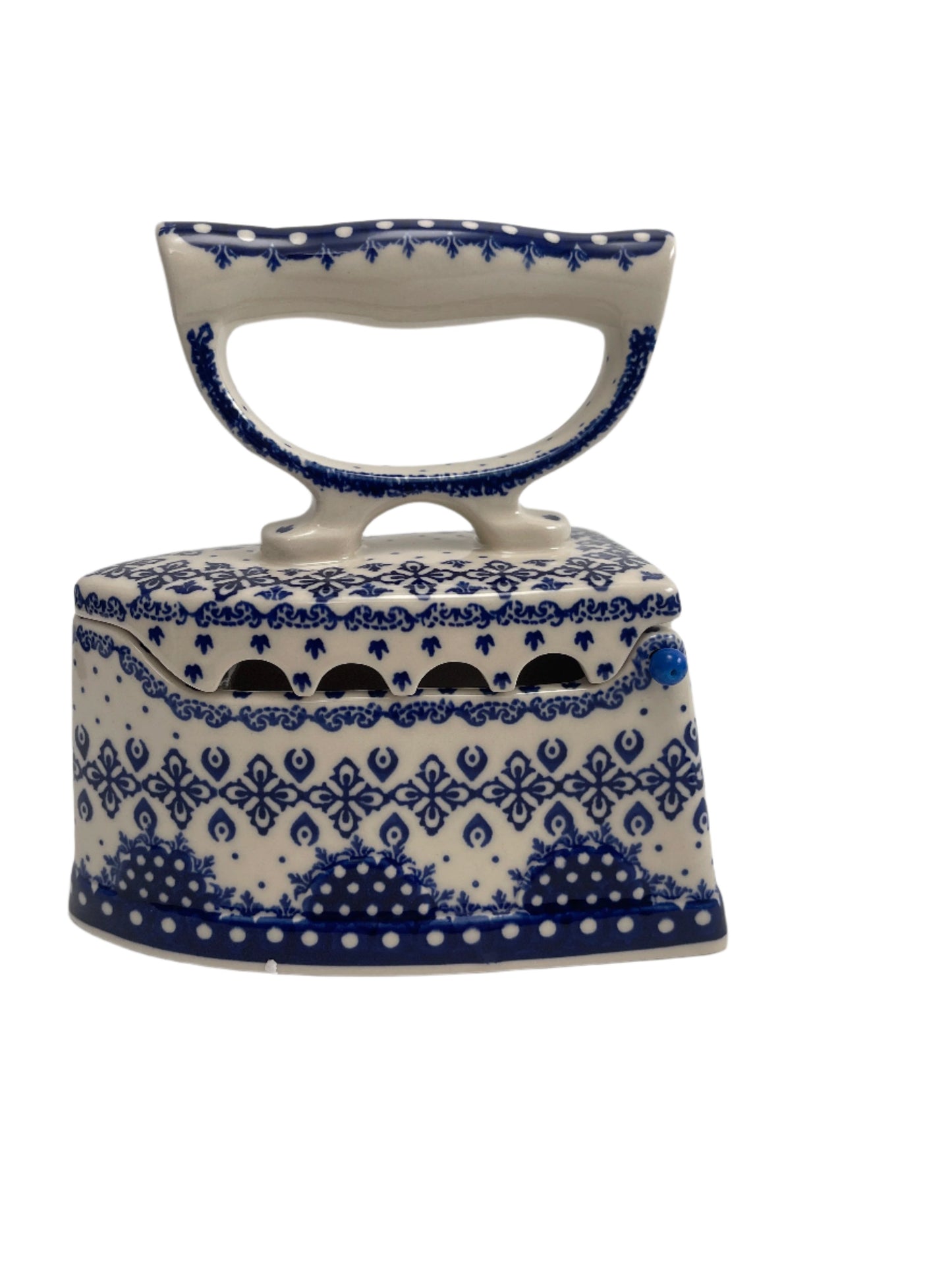 7"x4"x4" Flat Iron Trinket Box. Pattern: Cobalt Lace A