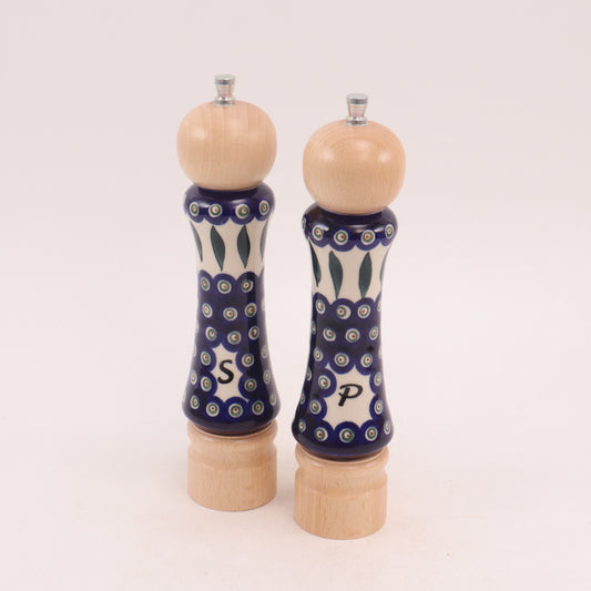 8.5"  Blonde Salt and Pepper Grinder Set. Pattern: Peacock Too