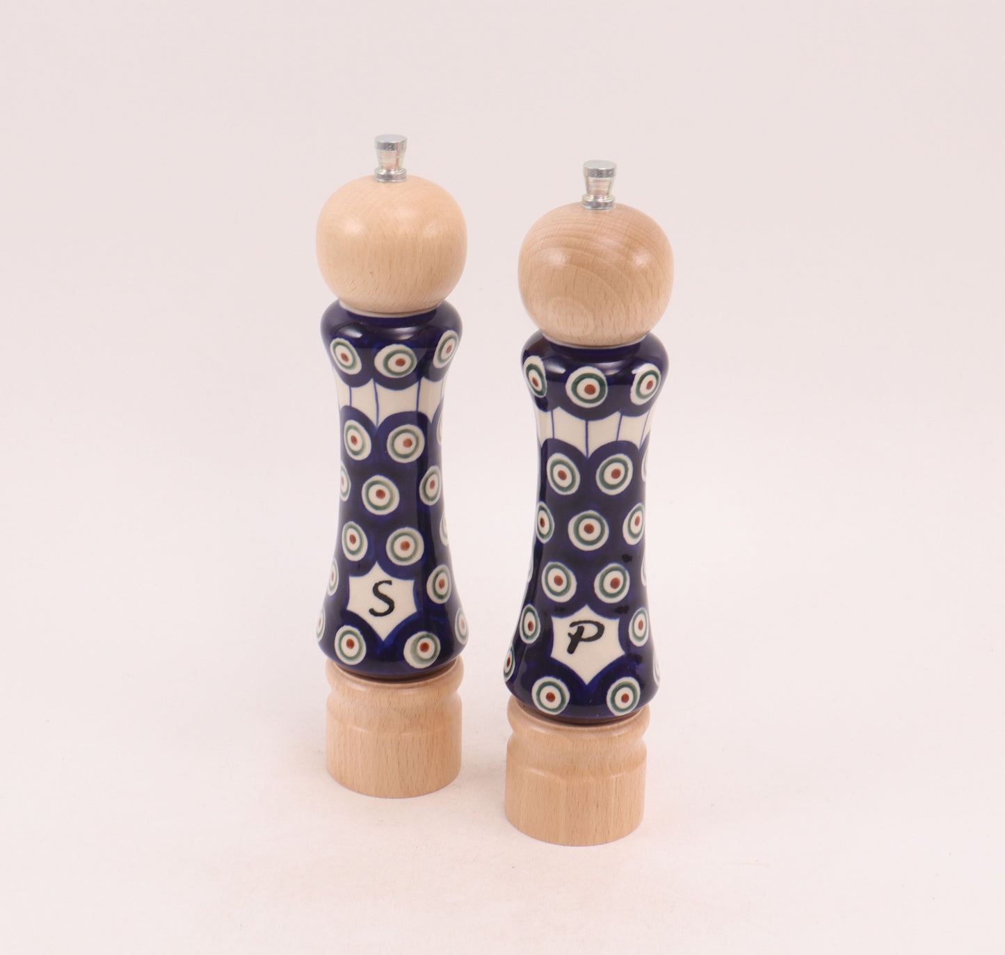 8.5"  Blonde Salt and Pepper Grinder Set. Pattern: Peacock