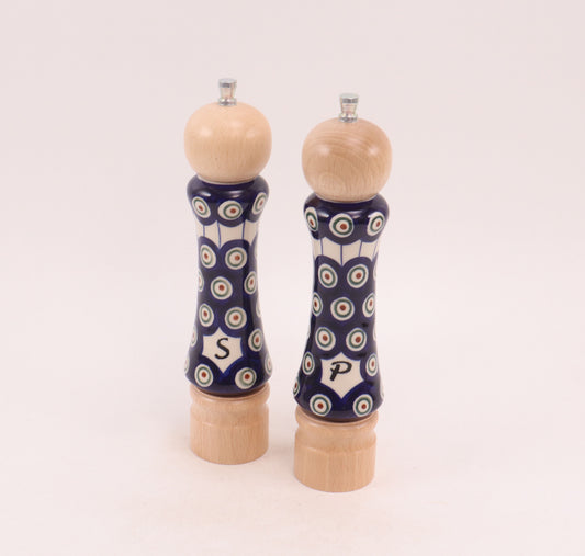 8.5"  Blonde Salt and Pepper Grinder Set. Pattern: Peacock