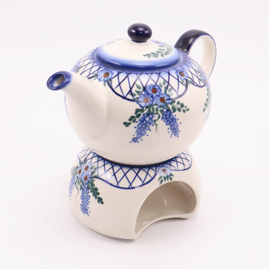 32oz Teapot with Warmer. Pattern: Cobalt Lattice