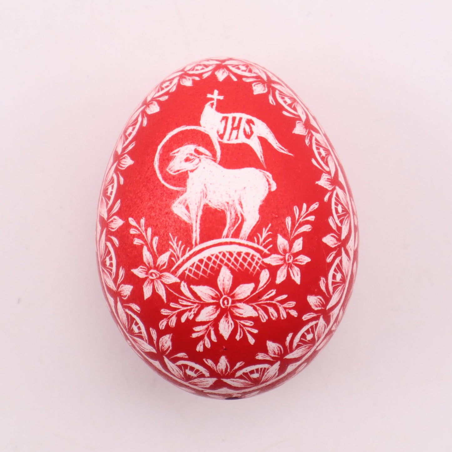 2" Hand-Painted Egg. Pattern: Red Sheep
