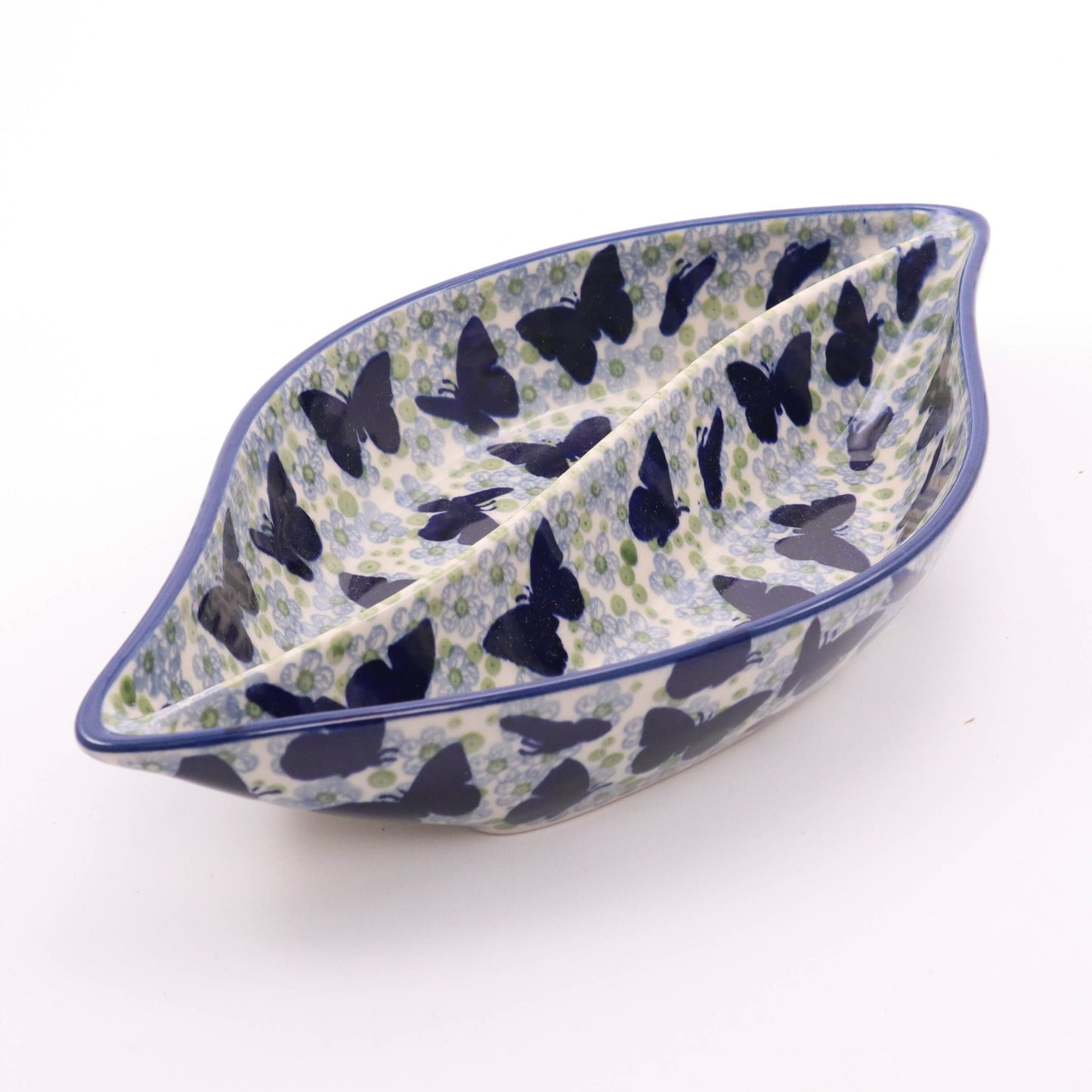 12"x6.5"x2" Divided Dish. Pattern: Butterfly In Green