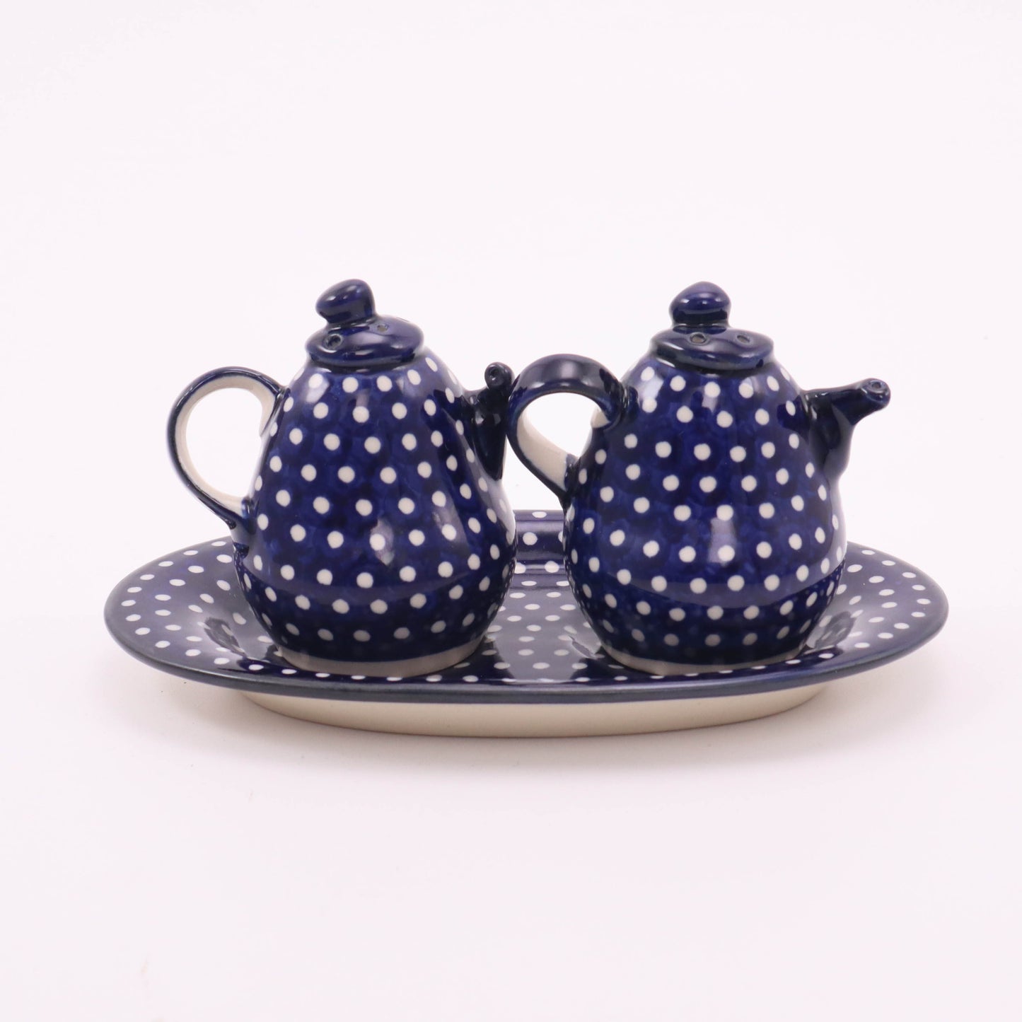 Hand-Formed Salt and Pepper Shaker with Tray. Pattern: Timeless