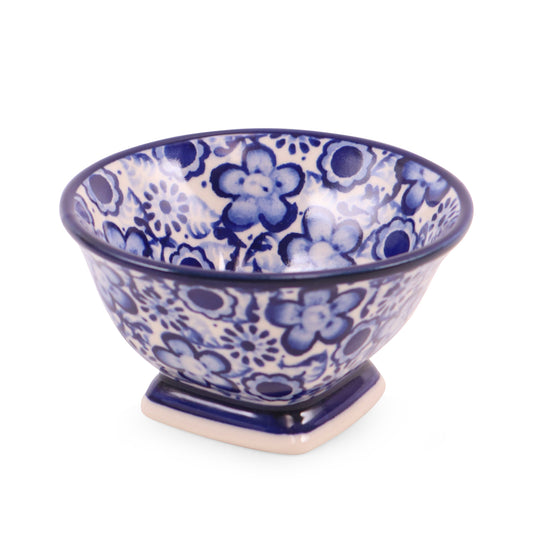 4" Square Pedestal Bowl. Pattern: Mazurek Blue