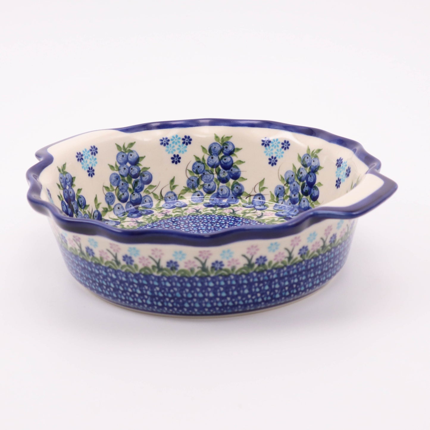 9.5" Round Waved Bowl with Handles. Pattern: Blueberries