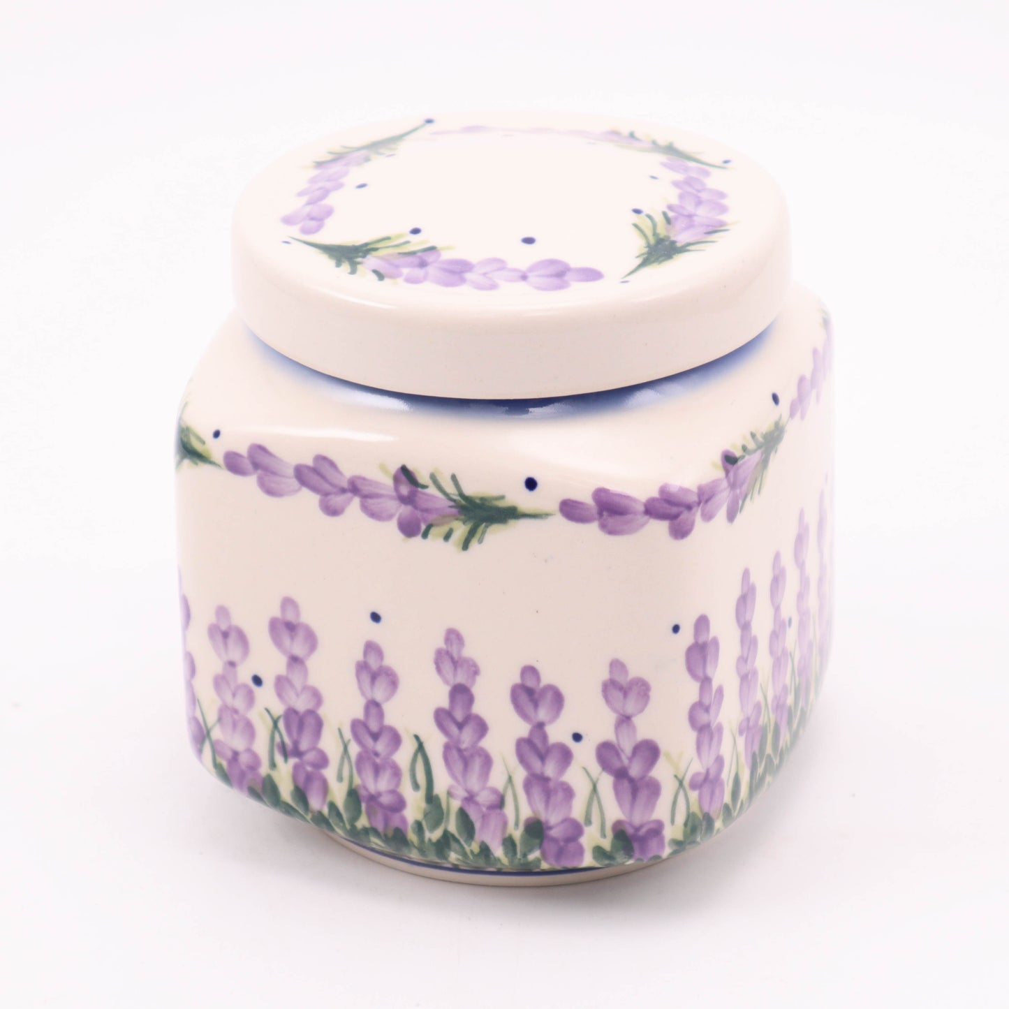 5"x5" Square Canister with Lid. Pattern: Lavender Dreams