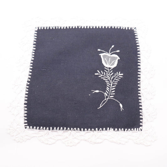 10"x10" Embroidered Linen Doily. Pattern: Black