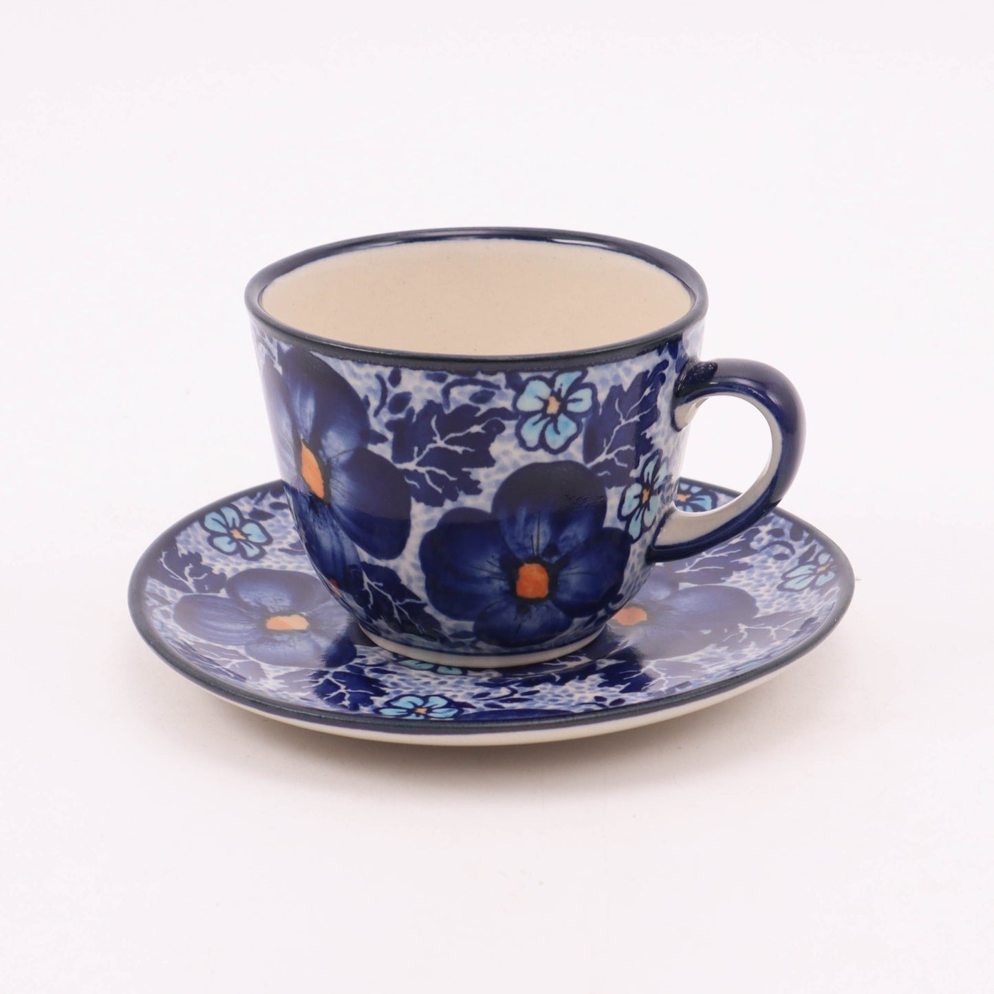 4oz Heart Bottom Thermal Teacup and Saucer. Pattern: Denim Dreams