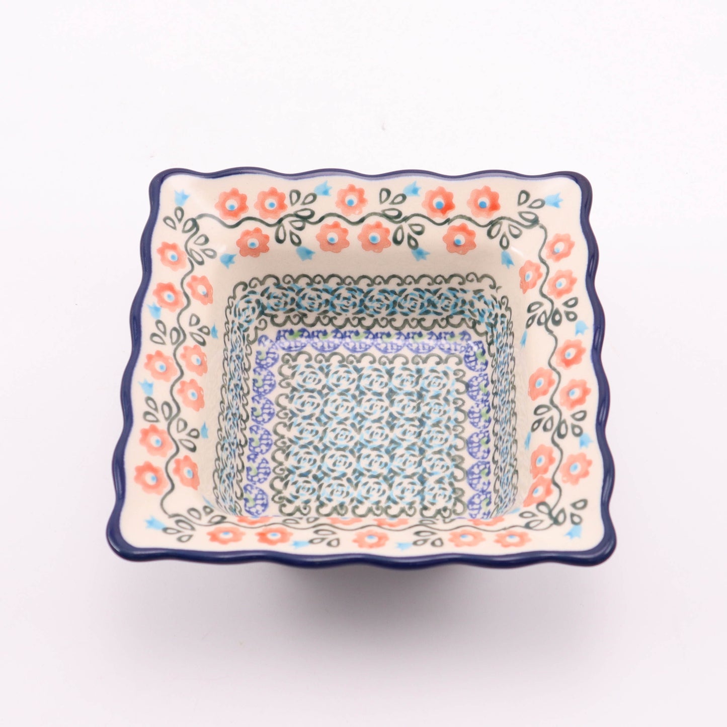 6.5" Square Ruffled Bowl. Pattern: Happy Hour