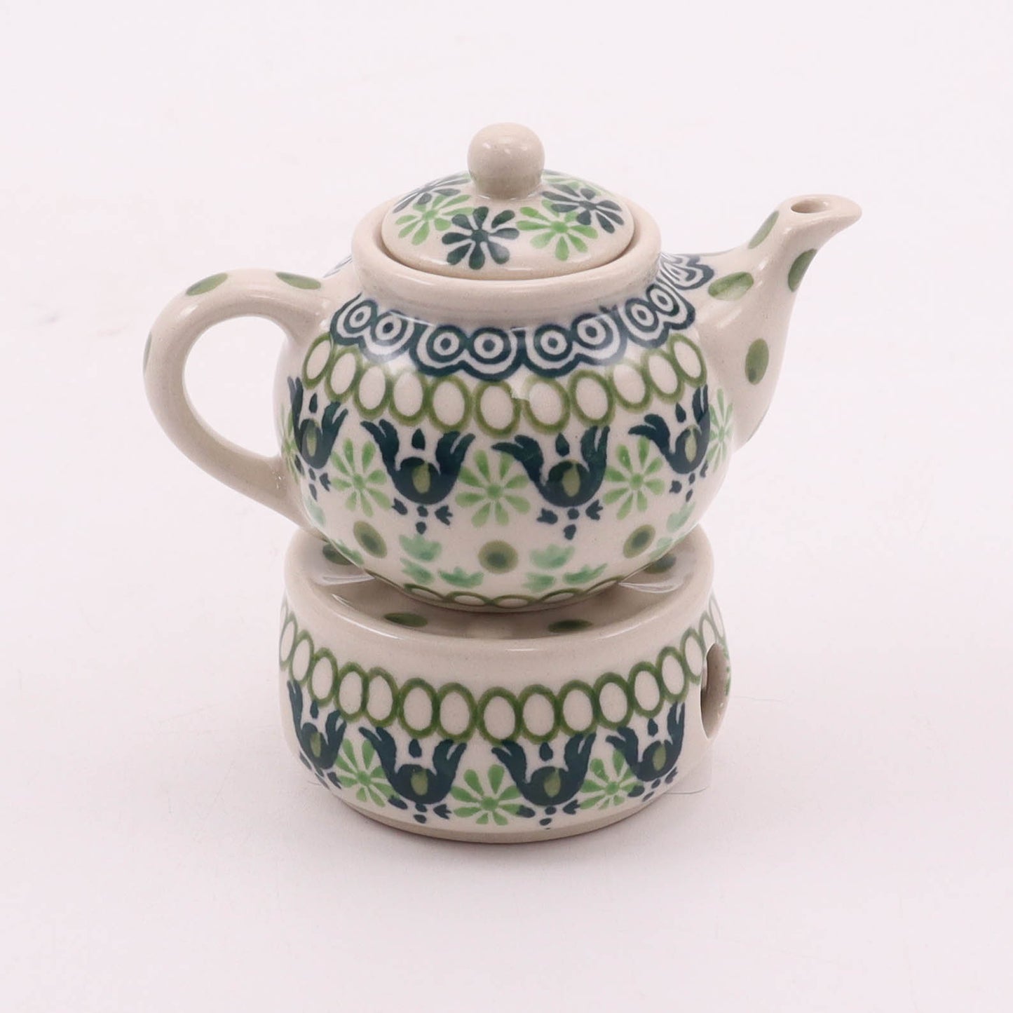 4" Mini Teapot and Warmer. Pattern: Mint Julep