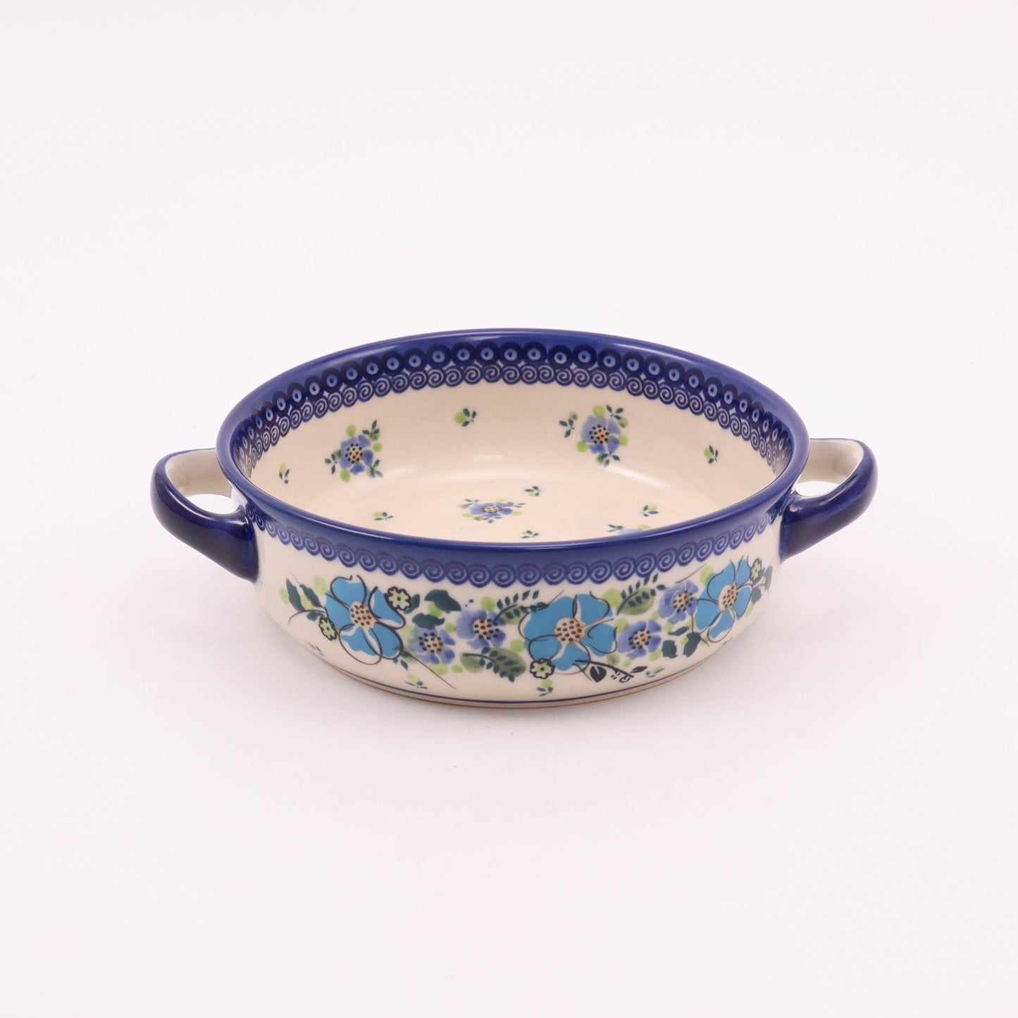 6"x2" Small Round Baker with Handles. Pattern: Periwinkle Wreath