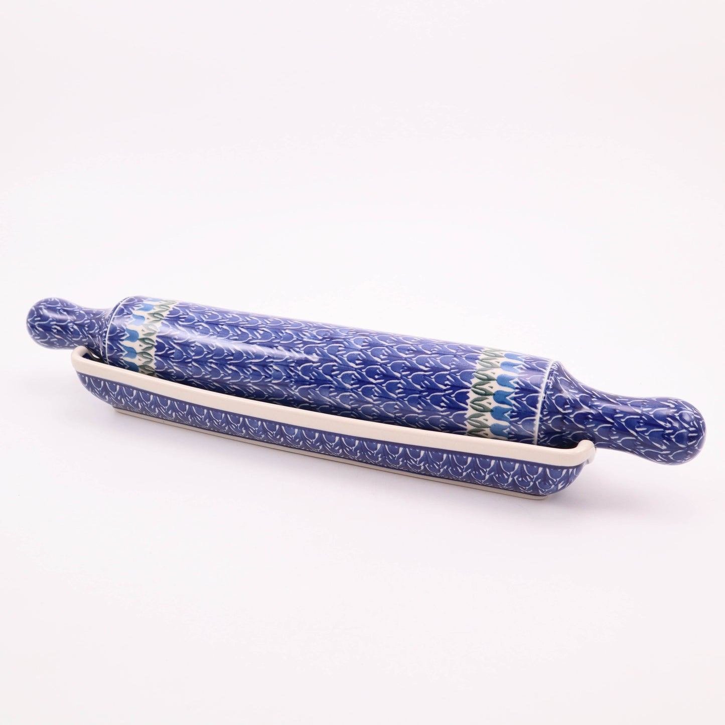 18" Rolling Pin with Cradle. Pattern: Tulip Parade