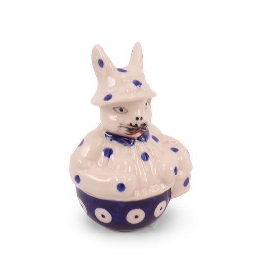 2.5"x3.5" Mr. Bunny with Hat Figurine. Pattern: Cobalt Dots