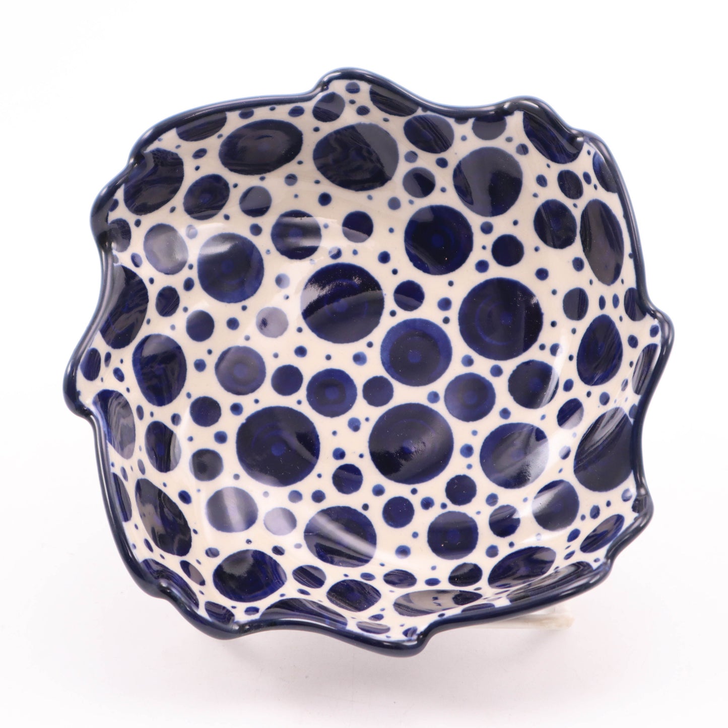 5.5" Swirl Bowl. Pattern: Cobalt Dalmation