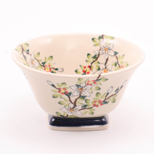 5.5" Square Pedestal Bowl. Pattern: Apple Blossom Red