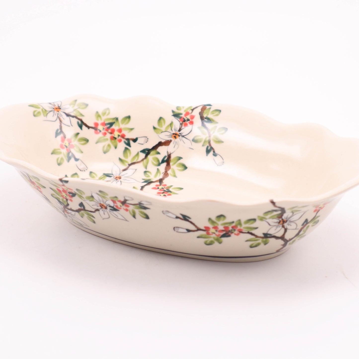 10"x7" Waved Oval Bowl. Pattern: Apple Blossom Red