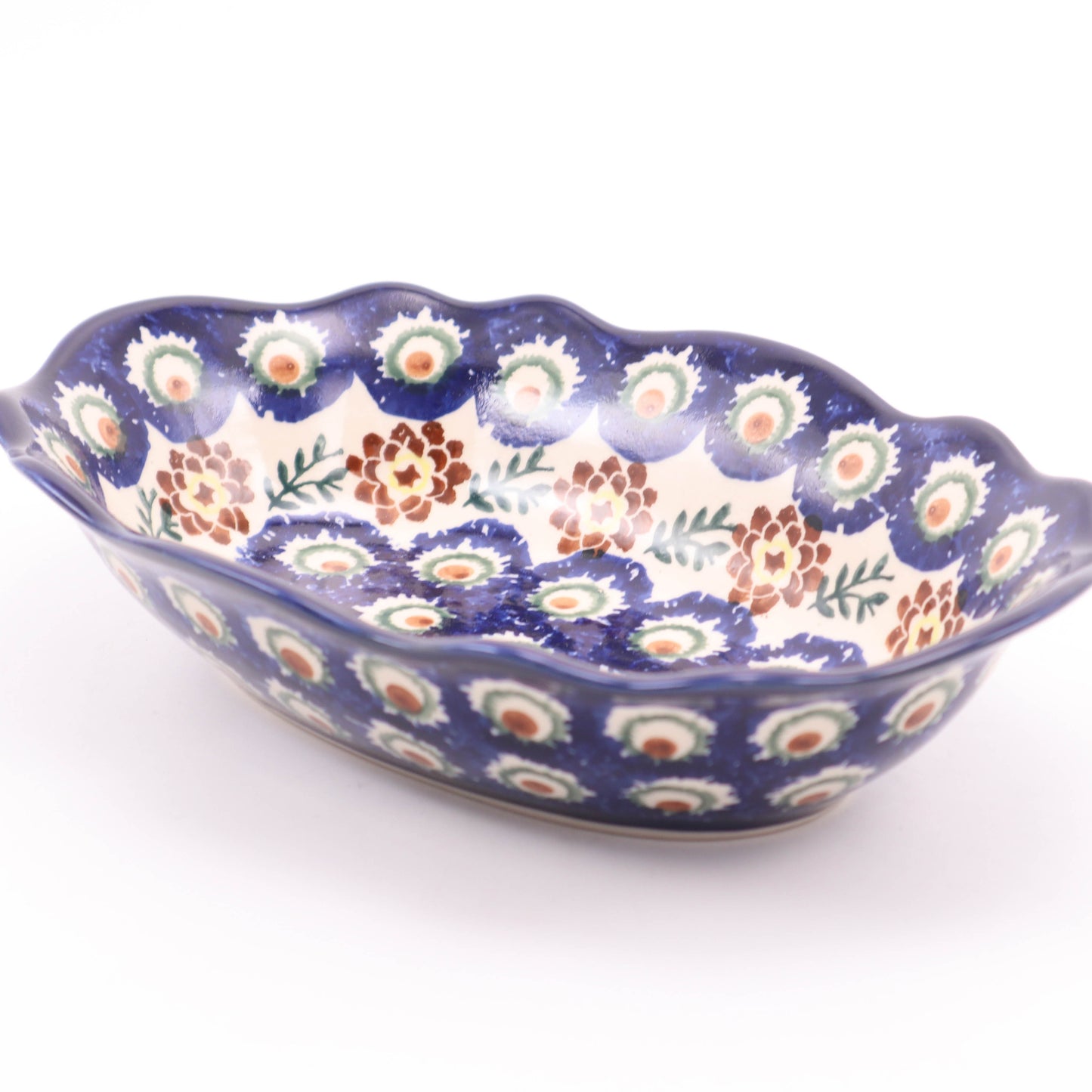 10"x7" Waved Oval Bowl. Pattern: Floral Peacock