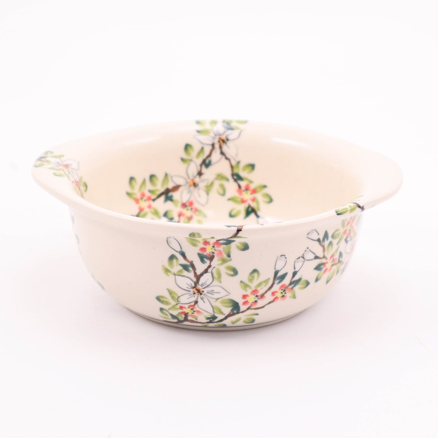 6.5" Soup Bowl with Handles. Pattern: Apple Blossom Red