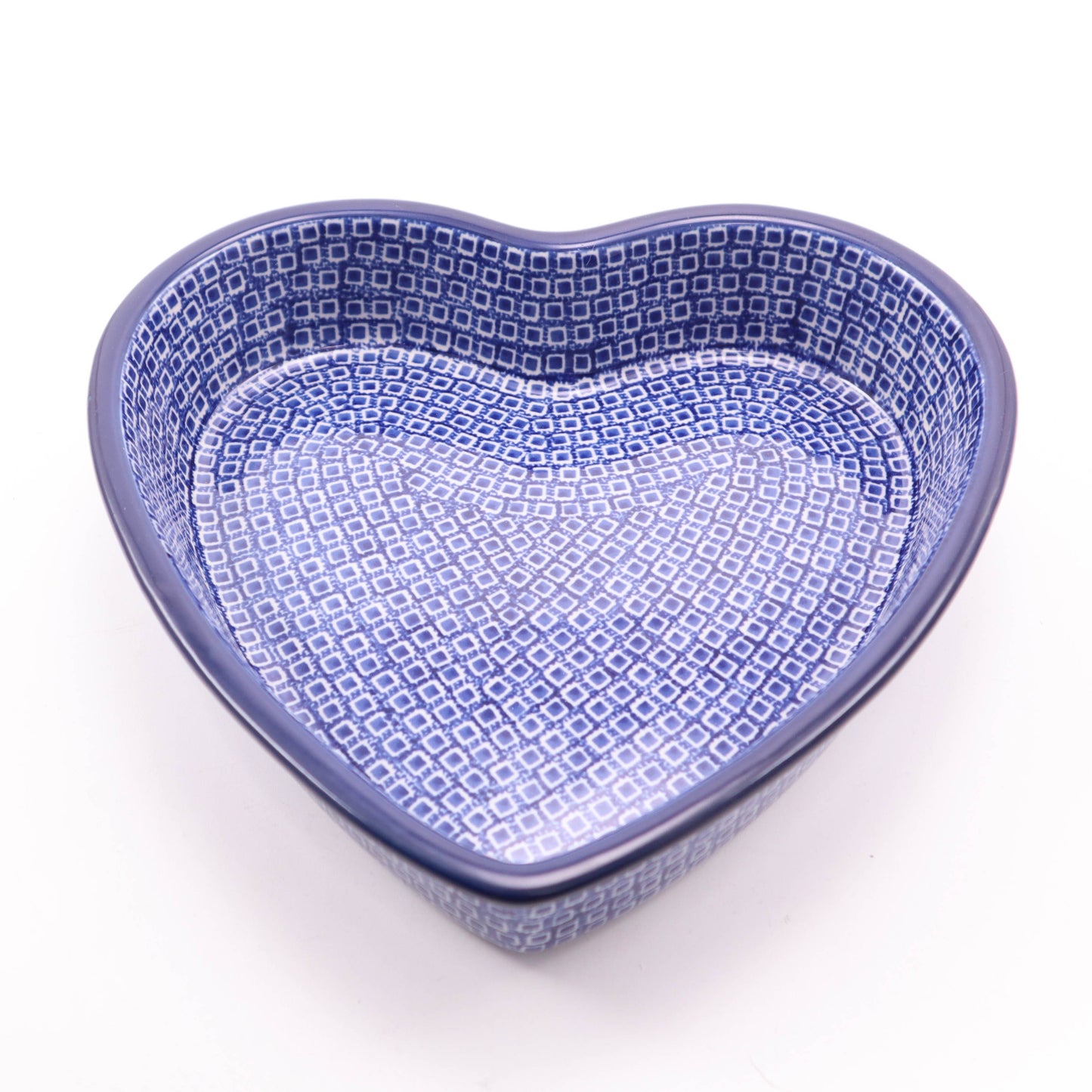 8"x8"x3" Heart Dish. Pattern: Blue Tiles