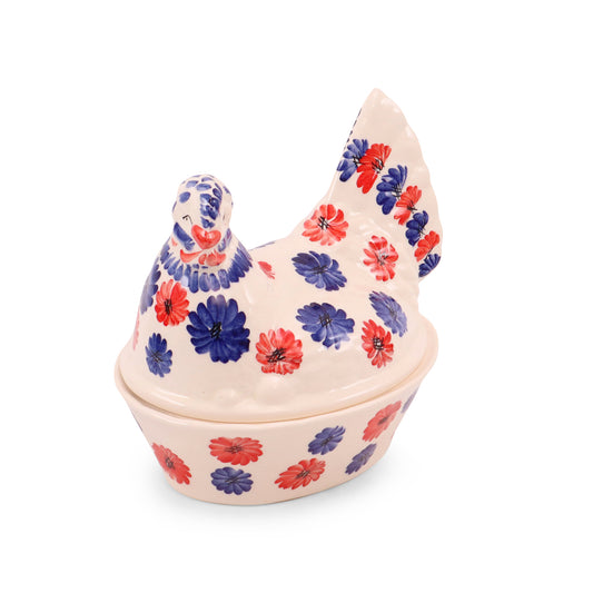8"x6"x8" Hen Container. Pattern: Red and Blue