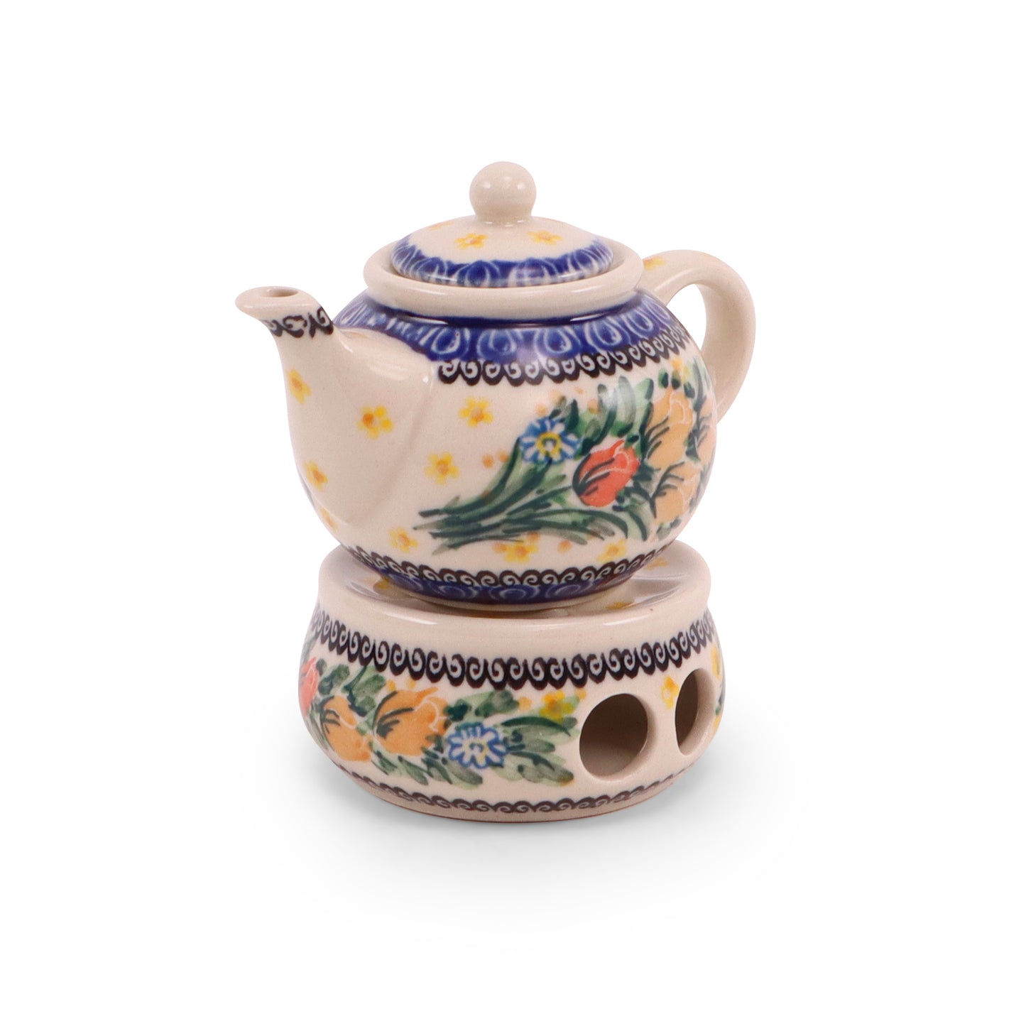 4" Mini Teapot and Warmer. Pattern: Tulip Basket