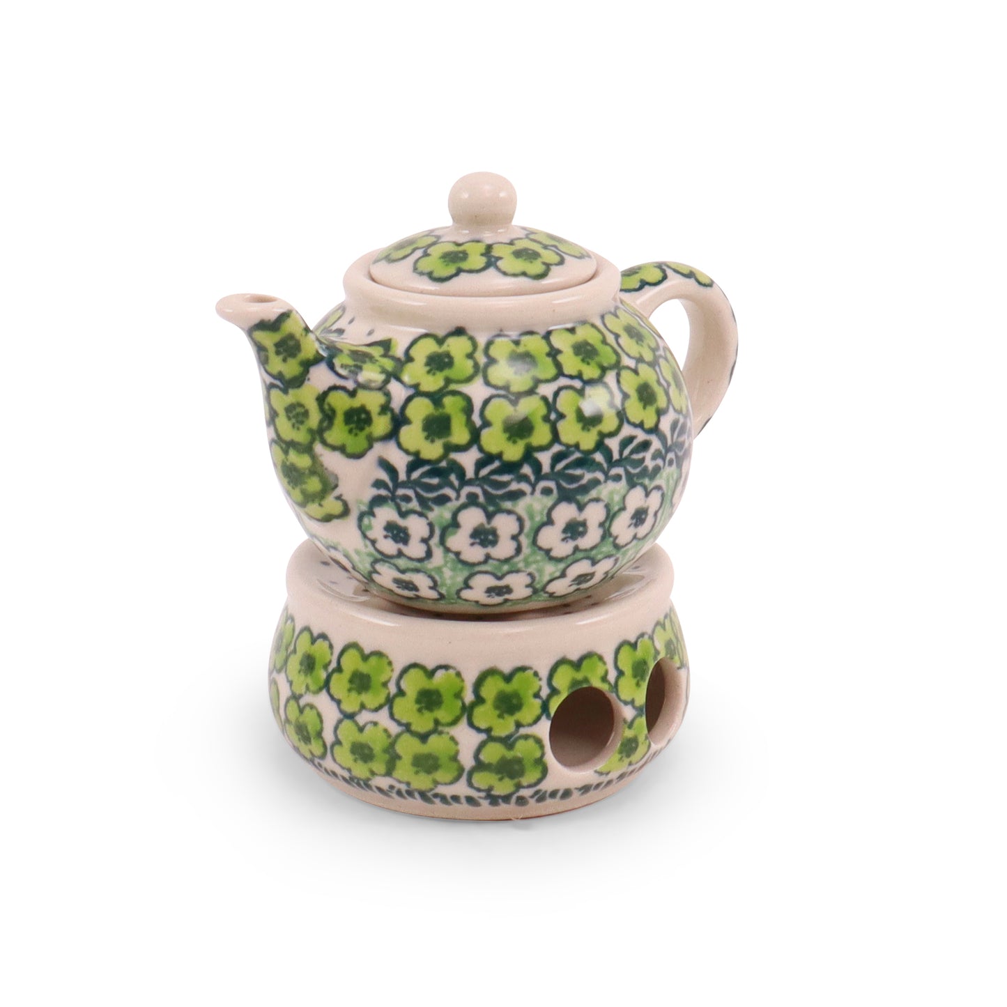 4" Mini Teapot and Warmer. Pattern: Lucky Charms