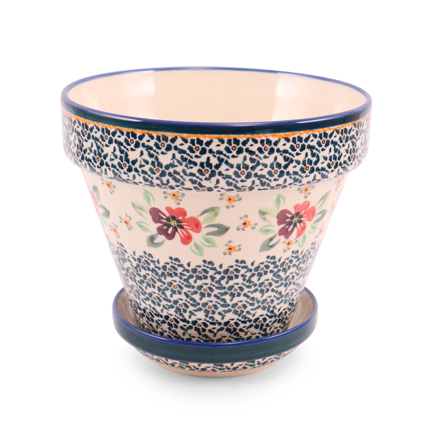 7.5"x6.5" Flower Pot with Tray. Pattern: Red Rover